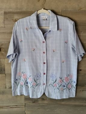 Alfred Dunner Y2K Blue Gingham Embroidered Floral Button-Up Grandmacore 16W